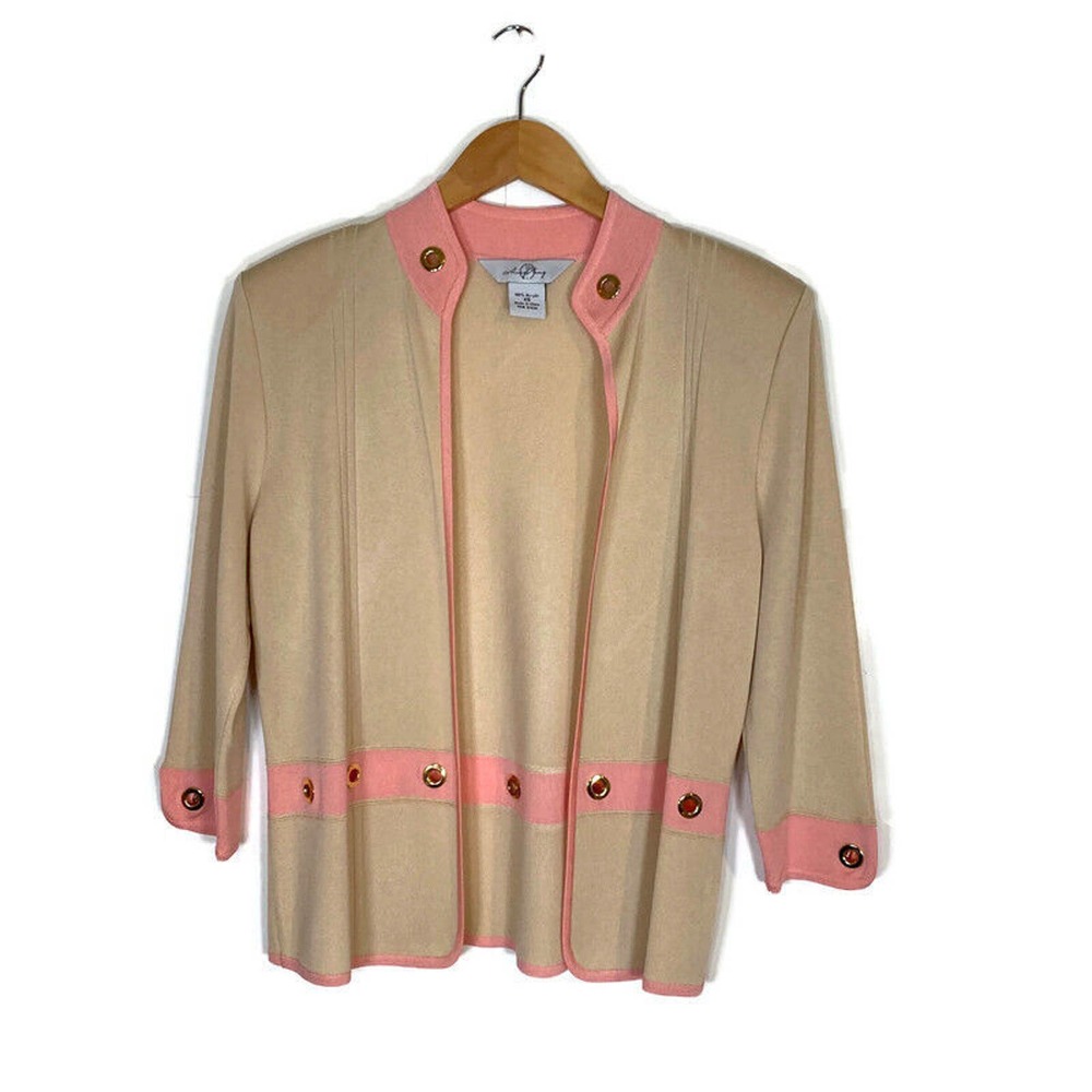 Ming Wang Open Front 3/4 Sleeve Cardigan Sz XS Knit Beige Pink Gold Lightweight